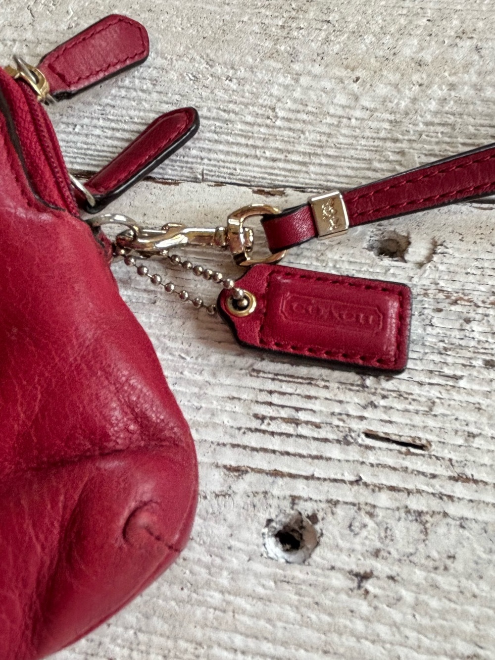 COACH $249 Cherry Red Pebbled Leather Wristlet Clutch goldtone - Picture 6 of 13